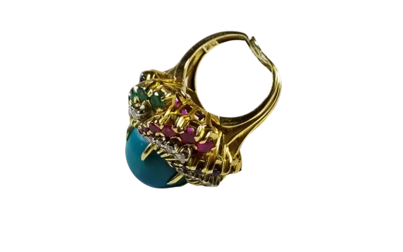 damaged gold ring with broken shank and multi-stone setting requiring repair and stone replacement