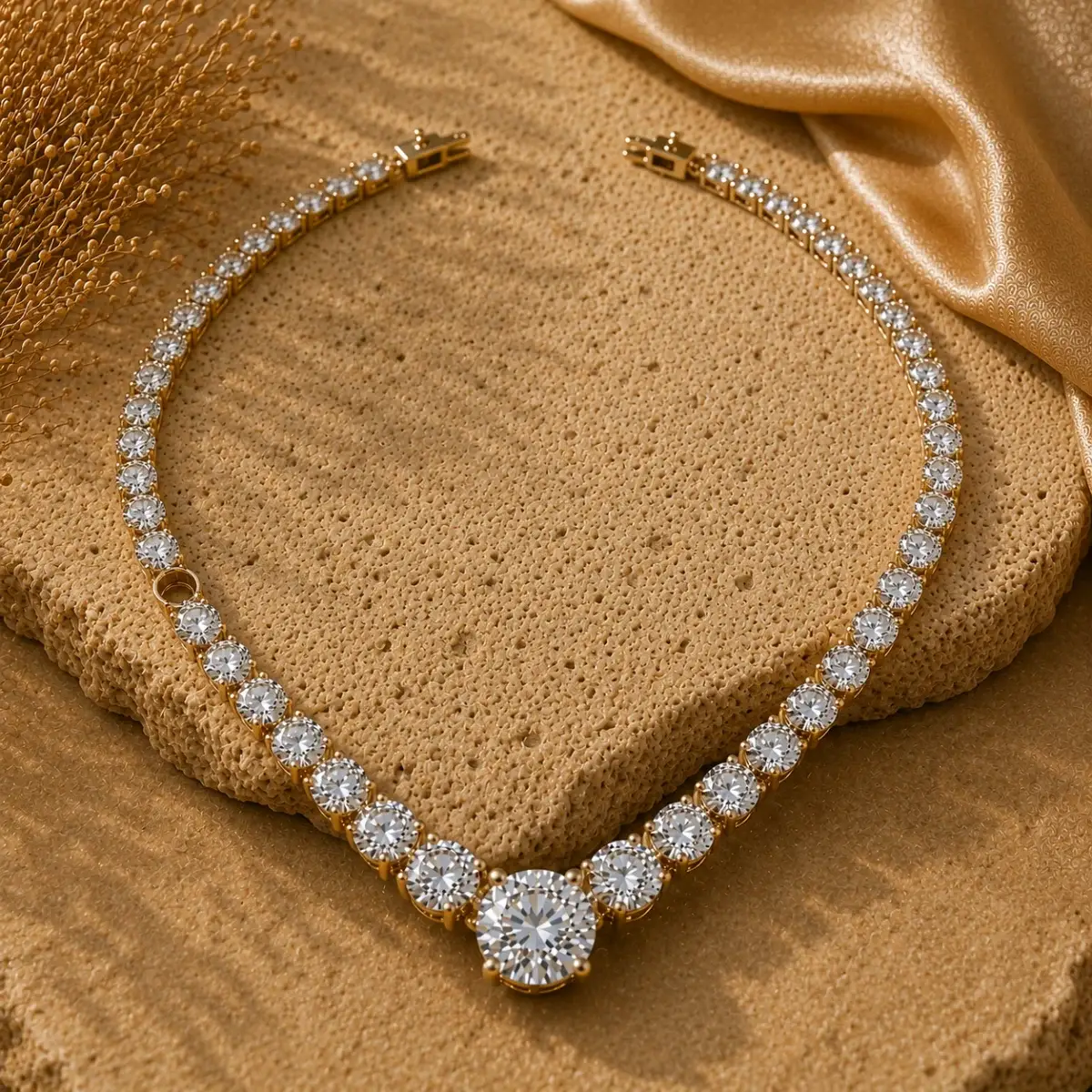 Broken diamond necklace featuring a missing stone and damaged setting before professional necklace repair and stone replacement by Portier Jewelers.