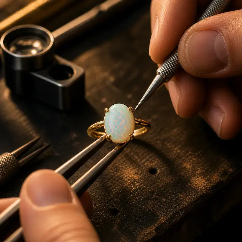 Professional jeweler repairing gold opal ring with precision tools