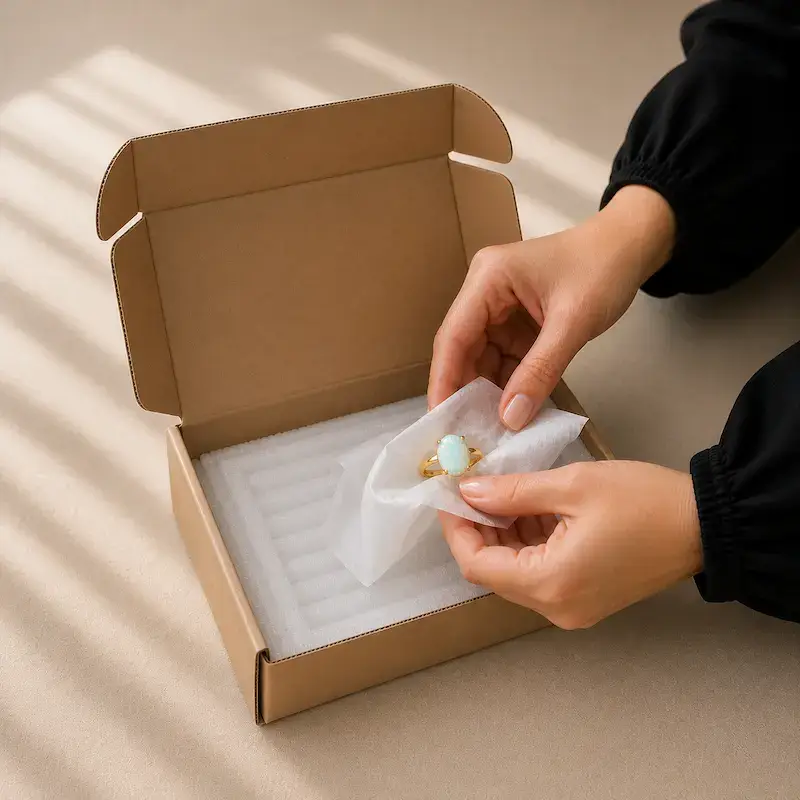 Packaging gold opal ring for secure mail-in jewelry repair