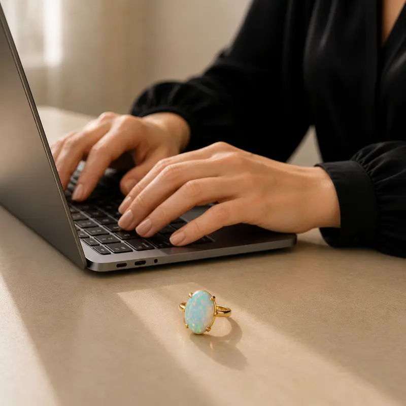 Woman starting jewelry repair online with gold opal ring on desk
